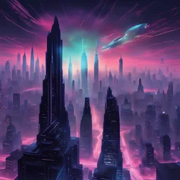 Certainly! How about: "Imagine 'Starry Night' in a cyberpunk universe, with towering skyscrapers illuminated by neon lights, flying vehicles streaking across the sky, and a network of glowing digital pathways weaving through the cityscape."