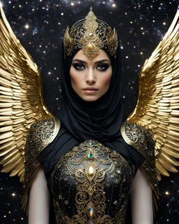 Photography A Length Super model Iranian Woman Hijab burka mask as Beautiful Archangel with wings made from metal craft,dressing luxurious golden and black color armor filigree fcombination fully crystals diamonds stone crystals,Cosmic Nebula Background