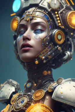 a beautiful full frame portrait digital painting of futuristic gaspunk, kente, close-up, macro lens, centered camera, titanium accents, intricate details, small minutiae, tiny features, particulars, colorful, 8k, least ambient occlusion, volumetric lighting, volumetric clouds