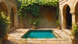 Oil painting, A serene indoor courtyard with a small pool surrounded by arched doorways and covered in lush greenery, creative, extremely detailed brush stroke