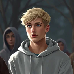 cool blonde hair blonde eyes guy yound in a hoody talking about philiophy ton his friends, avatar style life realism