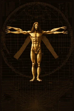 Human – Language – Computer. Leonardo da Vinci's Vitruvian man against the background of the matrix and the crumbling ones and zeroes.Solid science fiction, high resolution. Clear elaboration of all the details.