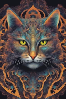 T-shirt design graphics on white background, Parametric structure, vivid colors, frontal CAT Head in mandelbrot style, Renè Magrite style, intricated details, cyberpunk, few colors, surreal, symmetrical, high contrast