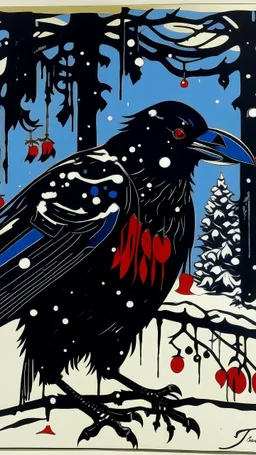 A contemporary serigraphy by Matisse of a human-like and happy crow adorned in a punk leather jacket within a snowy Christmas atmosphere.