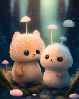 Two fuzzy fluffy boys in the forest with big cute heads, small body. Fox tails and ears. Brown pants. Big sparkly monster eyes. Soft baby pastel colours. Fuzzy and hairy. Sparkles around. underwater colours. sparkles. Soft toys. Happy. Mushrooms around and moss.