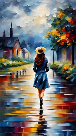 girl from behind walking in far view, surrounded by rain in the yard and strong wind and cloudy sky, sound of rain, calm, poetic, vibrant colors, painted by Leonid Afremov, meticulous detail