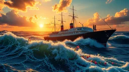a big ship in oecieon in powerfull waves ,a beautiful sun set and dreamy clouds , young couple dancing on its deck and flowers flows from deck to water