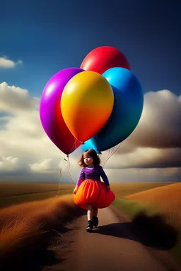 Carry a little girl home my trusted balloons, colorful, surrealism