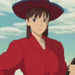 Lady with a talking red hat wearing a red leather jacket and red shirt skirt holding a guitar