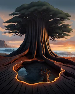 the base of a great redwood tree trunk takes up the majority of the screen. It is surrounded by ocean, which pours into the center of the charred wooden flesh. There are no mountains or other trees surrounding it, and there are no leaves.