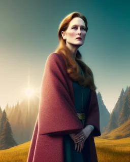 beautiful portrait of a young plum merryl streep, julianne moore, in the mountains, in the style viktor klint and moebius, rim light, vibrant moody colors, plain background, soft lighting, unreal engine