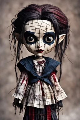 full color, illustration of a dark menacing Scottish vampire girl, tall and willowy , as a decayed, broken, crude homemade patchwork cloth doll toy, with a cracked porcelain face, thick dark eyebrows, hair made from ragged strips of cloth, in the style of Nadya Sheremet