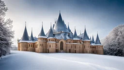 2055, rule of thirds, delightful, sensitive, confident, undulating sinusoidal castle with pointed hyperbolic roofs, delicate, thick snow, symmetrical, exquisite architecture, innovative design, perfect symmetry, award-winning photograph, beautiful composition, filled with beautiful detail, delicate colour, chiaroscuro