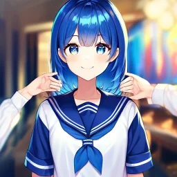 Clear focus,High resolution, Vibrant short blue hair, Vibrant blue eyes, Wearing a sailor uniform, Smiling