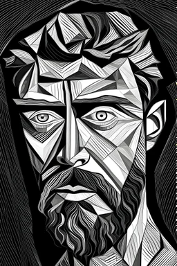 Portrait of a patient with an obsessive episode of bipolar disease made by the artist Van Gogh, mixing with cubist art in black, white and gray color gradation