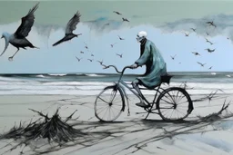 a long-legged lean black-grey monk with ((beak-shaped heads)) (wearing white khiton) riding a bike in front of a spider wreck on a radioactive beach, side view, acrylic painting, minimal art, centered, wild sparse brushstrokes, amazing verticals, great parallels, low bleak colors of gray, pale green, blue and black, excellent negative space contrasts