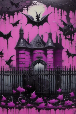 A purplish magenta haunted penitentiary with bats painted by Alan Sorrell