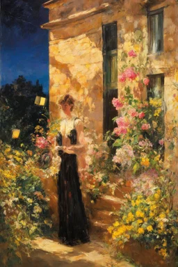 Night, vegetations, flowers, one woman, house, distant buildings, julius rose, and thomas hill paintings