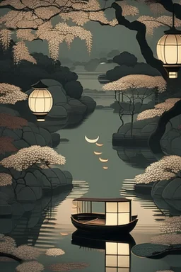 Somber Japanese garden with Chinese lanterns, and a river with an empty boat, in the style of art deco