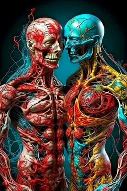 Gore splatter horror, photorealistic fleshy dmt lsd photo of 2 bodies, 1 male 1 female, 1 soul, complementary, anatomically fragmented, ripped apart again being flayed, skinned alive. A beating heart, muscles, blood vessels, bowels, entrails are exposed. anatomy. physiology. astrology. astronomy. hallucinations. mythology. grotesque.