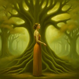 a painting of a woman standing in front of a tree, a detailed painting by Helen Thomas Dranga, cgsociety, analytical art, detailed painting, fractalism, biomorphic