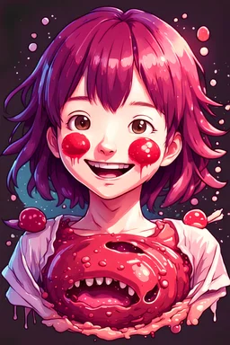 A detailed illustration Anime girl smiling crushed inside really darkred fleshy stomach filled with digestive juices, t-shirt design, in the style of Studio Ghibli, pastel tetradic colors, 3D vector art, cute and quirky, fantasy art, watercolor effect, bokeh, Adobe Illustrator, hand-drawn, digital painting, low-poly, soft lighting, bird's-eye view, isometric style, retro aesthetic, focused on the character, 4K resolution, photorealistic rendering, using Cinema 4D, vector logo, vector art,