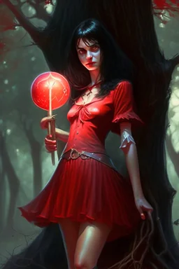 A young dark-haired witch in a red low-cut short skirt, standing under a tree, with a sword on her hip, glowing ball in her hand, photorealistic, delicate detail.