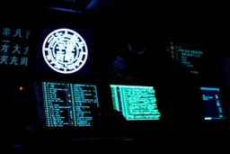 cypher punk silhouette mining code in a Tokyo lab