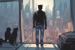 a man and a robot cat, cyberpunk, looking out a window at the city, fog, hovering cars, comic book art style, shirt, jeans,