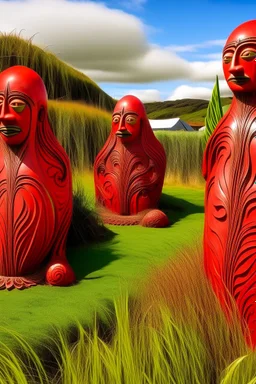 A red farmland with bio life designed in Maori sculptures painted by Edvard Munch