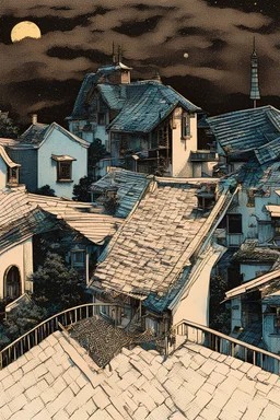 detailed view of city roofs and terraces at a moonlit night in silkscreen