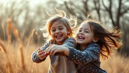 Nikon D850 with Nikkor 24-70mm f/2.8 lens at f/2.8: [Beautiful happy telepathic young boys and girls playing together with finesse, devotion, and serendipity as best friends], [soft natural volumetric cinematic light catches their movements with chiaroscuro effects], creating [a sense of magic and fantasy]. High-angle perspective, focus on close foreground detail, exquisite composition with beautiful intricate details, 16k artistic photography style, photorealistic concept art