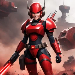 the Red Lectroid smiles, ready to fight, in dust, rust and blood, her body is covered with cartridge belts