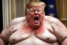 morbidly obese and sweating without a shirt, donald trump tries to stay awake by screaming