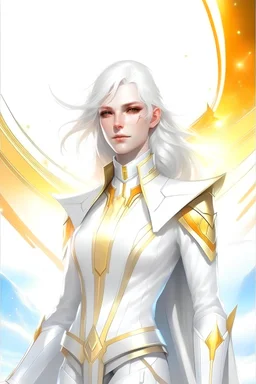 Très belle femme galactique commandant d'une flotte de vaisseaux, archcange aux cheveux blancs, combinaison blanche lumière et dorée très haut grade et très féminine. Dans un vaisseau blanc et très lumineux.