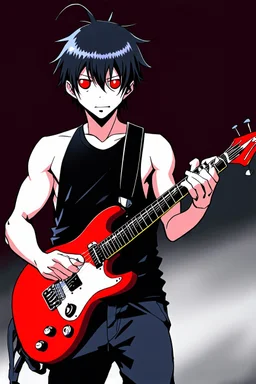 1man, 30 years old, playing electric guitar, at a midnight concert, manly facial features, red creepy alien bug eyes, black hair, athletic build, correct hands, in the style of manga "Rosario+Vampire"