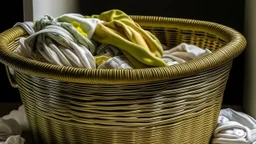 Gold and money in a laundry basket together with laundry