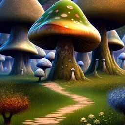 A great big mushroom forest with a stone path going through it, LOTR,gnomes, Van gogh Style, 8k