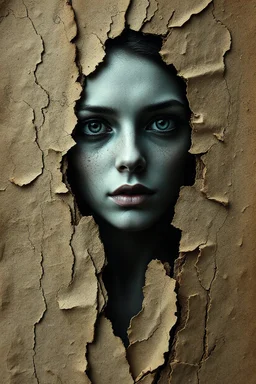 surreal ancient tome crumbling paper women visage emerging torment intricate bark-like textures distressed edges fragile parchment dark hues slime torn fractures ghostly paper effect abyssal backdrop eerie ethereal glow slime enigmatic dreamlike atmosphere hauntingly serene composition