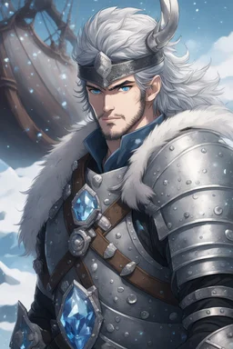 in anime style, 1man, a man with blue eyes and black hair man in silver Viking armor with fur around the neck with blue crystal on his chest holding an axe in his hands standing on a pirate ship in the artic, warrior in anime style,