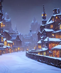 A magical snowy warlock gothic town with river canals and decorated for Christmas