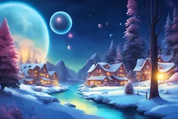 magnifique paysage de neige, au premier plan des fleurs lumineuses roses et jaunes, fleurs lumineuses, rivière turquoise,, 4K, ciel bleu avec une planète et des étoiles, , étincelles de lumière, en premier plan un sapin bleu, au fond quelques maisons colorées, étincelles de lumières, fleurs lumineuses, lucioles, ambiance féerique, ciel bleu avec planètes et galaxies