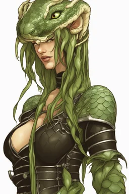 female snake humanoid, green scales, wearing a black leather armor, dungeons and dragons