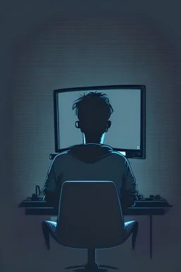 an cartoon style of computer geek sitting in front of a power computer screen in a tidy and modern dark room. don't show face, view from back, high quality, super realistic, man