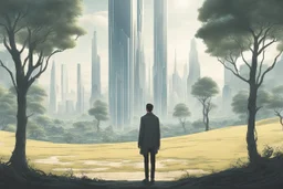 man standing in open countryside, with trees on one side and a pristine futuristic city on the other side