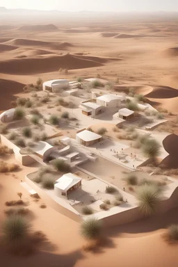 could you please create a visual image for an design project of different areas in a Holistic and Sustainable R comunal Spaces, Education and Job Training Centers, Integration of Mental Health Support' in a desert