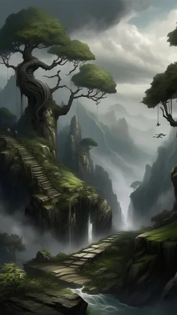 Trees on the sides of narrow stone path above the ground gradually getting higher into the clouds no railings, dangerous drop people in black leathers medievil period weather is wet spiraling into the clouds fantasy, a waterfall in the background