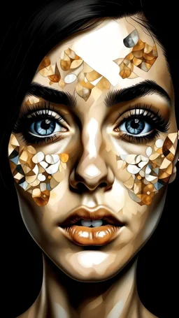 A beautiful women face abstract with open large eyes pattern using a palette of mother of pearl, rosewood, ceramic,burnt amber beautiful black hair