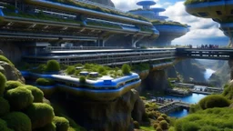 Many spaceliners docked at a huge busy spaceport, with gantries and walkways, setting into the side of a huge cliff, trees, vines and plants, Star Wars, Star Trek