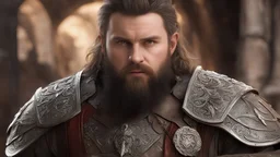 photoreal close-up of a crooked hanging gorgeous painting of a holy muscular rugged confused stout young bearded dwarf master cleric with a bloody busted lip with ornate religious armor, his expression one of worry and confusion, in a desert store in the forgotten realms otherworldly, in the style of fantasy movies, photorealistic, shot on Hasselblad h6d-400c, zeiss prime lens, bokeh like f/0.8, tilt-shift lens 8k, high detail, smooth render, unreal engine 5, cinema 4d, HDR, dust effect, vivid